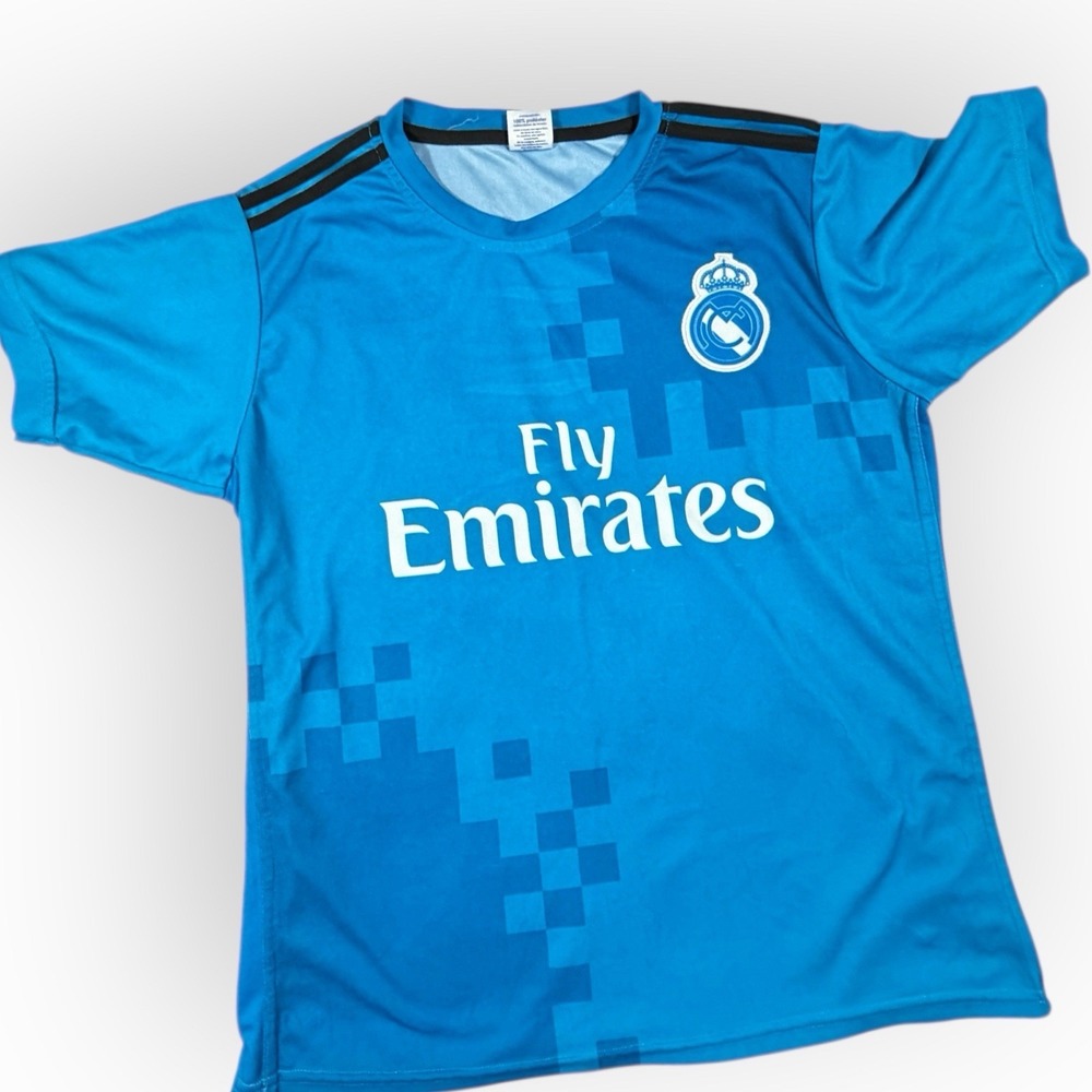 Fly Emirates Soccer Jersey Medium Blue Real Madrid Short Sleeve Sports